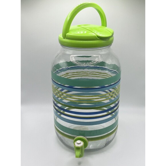 Vintage Clear Glass Jar Spigot Green Lid W/ Stripes Design Martha Stewart 2004 - Picture 4 of 4